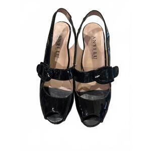 Anyi Lu Black Patent Leather Peep Toe Slingback Heels with Buckle Size 37.5